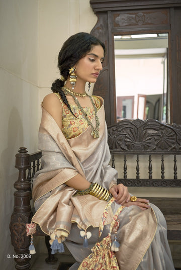 Yellow  and Gray Kanjivaram   saree for women