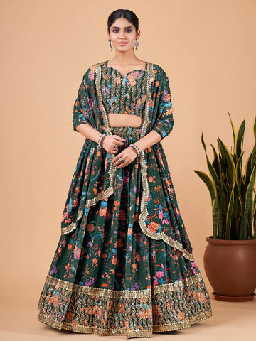 Green  Floral Print With Sequence Embroidery Work lehenga choli with Georgette dupatta