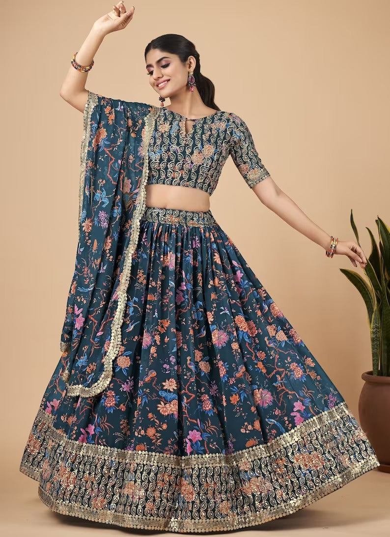 Blue  Floral Print With Sequence Embroidery Work lehenga choli with Georgette dupatta