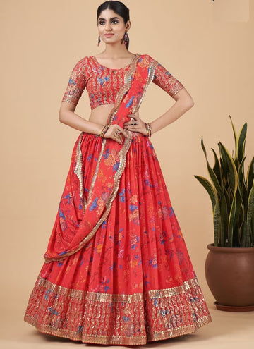 Orange  Floral Print With Sequence Embroidery Work lehenga choli with Georgette dupatta