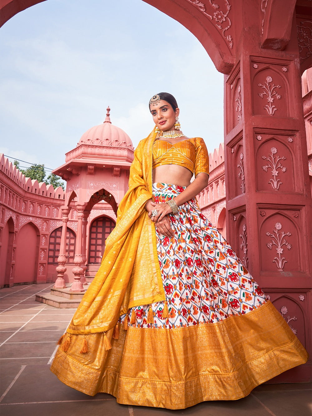 Yellow  Patola Print with foil  Work lehenga choli with Dola Silk dupatta