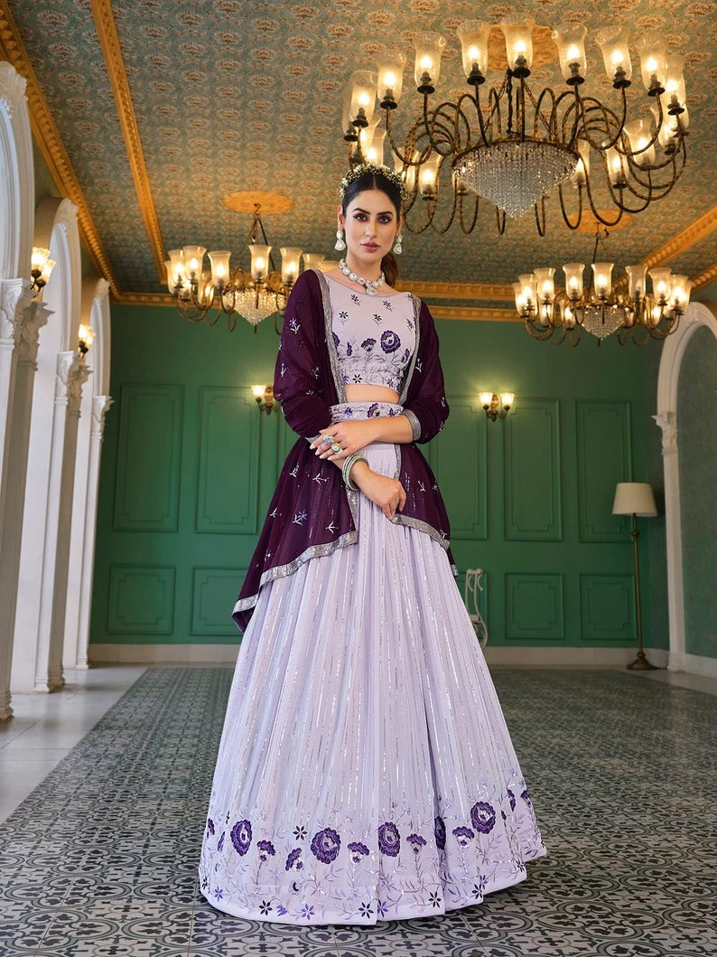 Purple   Zari and Sequence Embroidery Work lehenga choli with Georgette dupatta