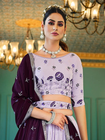 Purple   Zari and Sequence Embroidery Work lehenga choli with Georgette dupatta