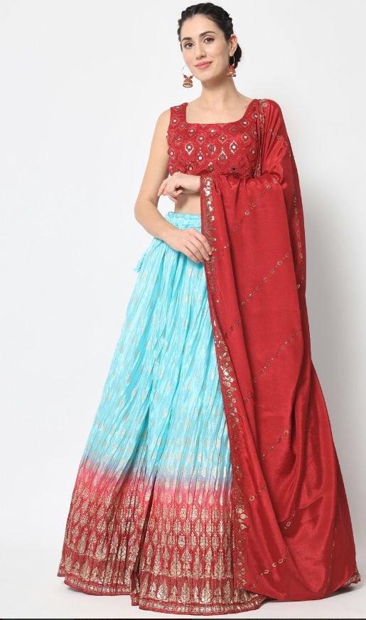 REd and SKy BLue  Zari and Sequence ,Thread Embroidery Work  lehenga choli with Georgette  dupatta