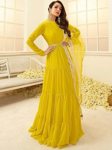 Yellow  Georgette   Ruffle With Work Anarkali Flared Long  Gown