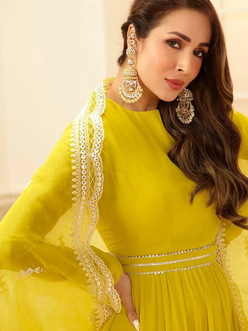 Yellow  Georgette   Ruffle With Work Anarkali Flared Long  Gown