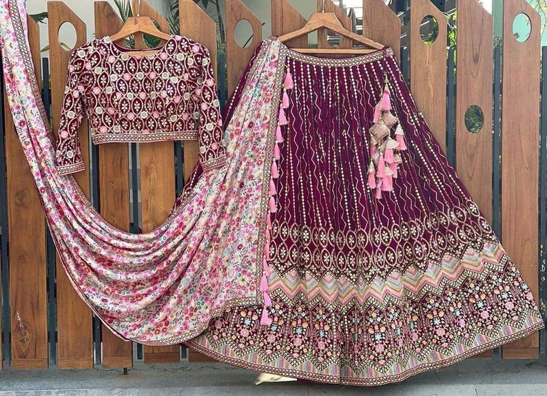 Purple  Floral Thread, Zari, Sequence Embroidery Work lehenga choli with Georgette dupatta