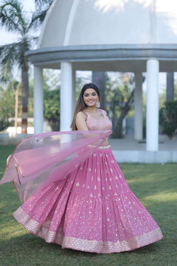 Light Pink  Embroidery & Mirror work lehenga choli with Net dupatta