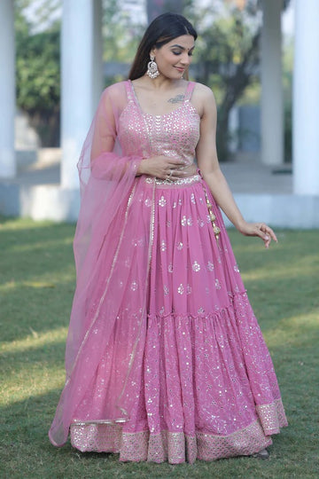Light Pink  Embroidery & Mirror work lehenga choli with Net dupatta