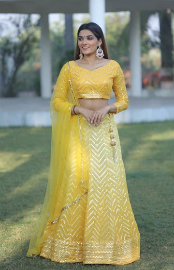 Yellow  Embroidery & Mirror work   lehenga choli with Net dupatta