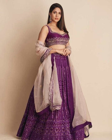 Purple  Multi-Thread Sequence Embroidery Work  lehenga choli with Net dupatta