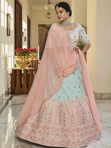 Sky Blue and Pink  Thread, Sequence and Mirror Embroidery Work  lehenga choli with Net dupatta