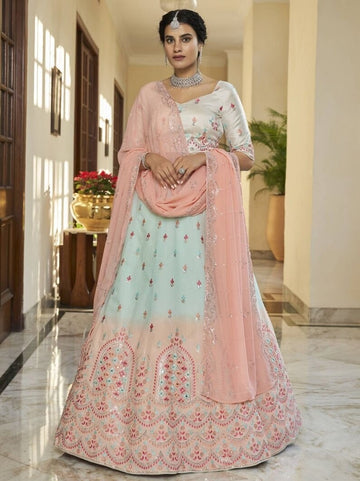 Sky Blue and Pink  Thread, Sequence and Mirror Embroidery Work  lehenga choli with Net dupatta