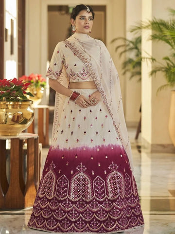 Off White and Pink Thread, Sequence and Mirror Embroidery Work  lehenga choli with Net dupatta