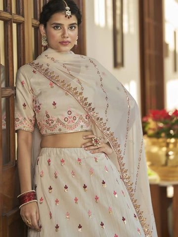 Off White and Pink Thread, Sequence and Mirror Embroidery Work  lehenga choli with Net dupatta
