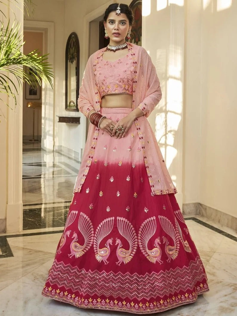 Pink Thread, Sequence and Mirror Embroidery Work  lehenga choli with Net  dupatta