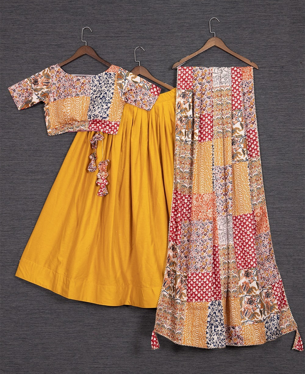 Yellow Plain wedding party wear lehenga choli with  Cotton Gota Patti Lace Border dupatta