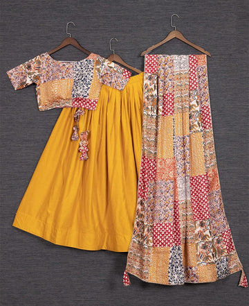 Yellow Plain wedding party wear lehenga choli with  Cotton Gota Patti Lace Border dupatta