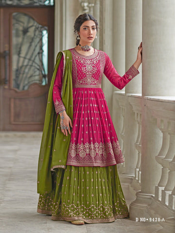 Pink and Green  Embroidery Work  Kurti For Women