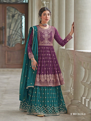 Purple and Teal Blue   Embroidery Work  Kurti For Women