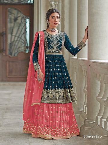 Blue and Peach   Georgatte  with Embroidery Work  Kurti For Women