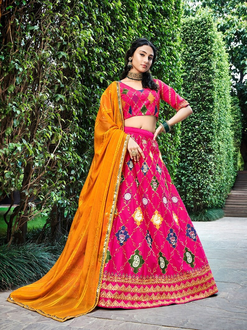 Pink  Embroidery Mirror , Thread work  lehenga choli with  Chinon Silk dupatta