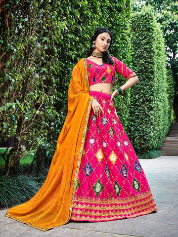 Pink  Embroidery Mirror , Thread work  lehenga choli with  Chinon Silk dupatta