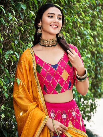Pink  Embroidery Mirror , Thread work  lehenga choli with  Chinon Silk dupatta