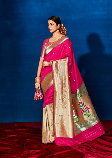Pink   Paithani Silk  saree for women