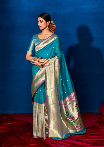 Teal Blue   Paithani Silk  saree for women