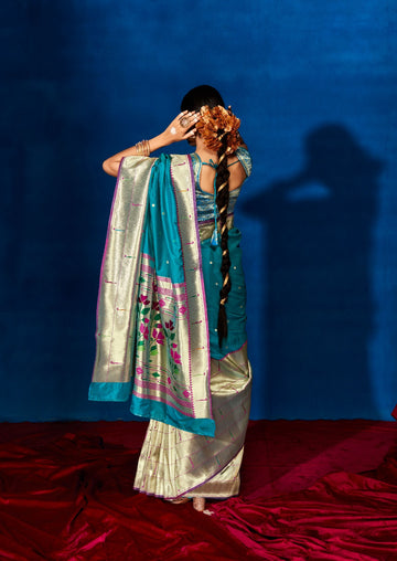 Teal Blue   Paithani Silk  saree for women