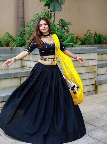 Black  Mirror Handwork  lehenga choli with Bandhani dupatta