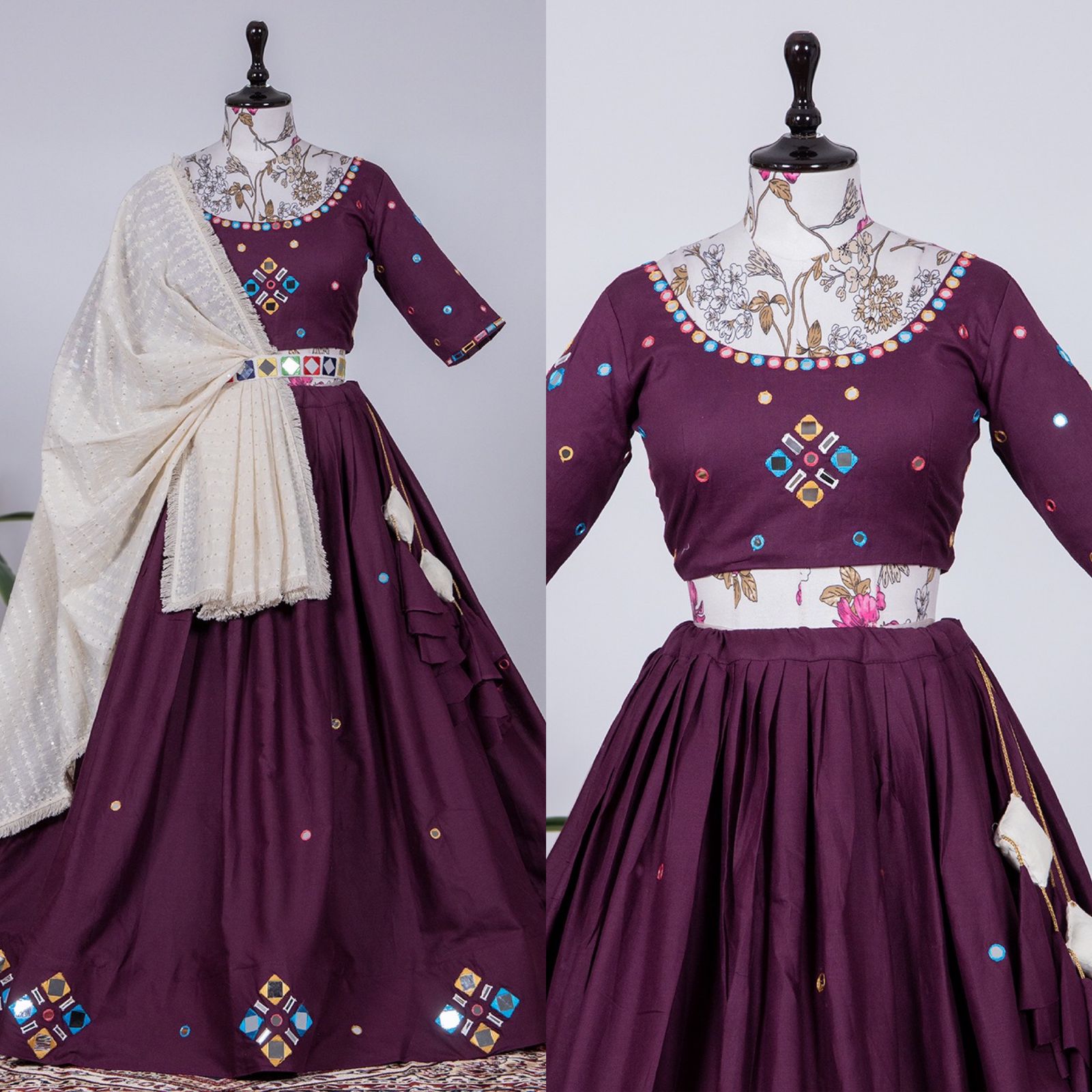 Purple Mirror Handwork   lehenga choli with Khadi Cotton dupatta