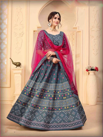Grey  Digital Printed  wedding party wear lehenga choli with Net dupatta