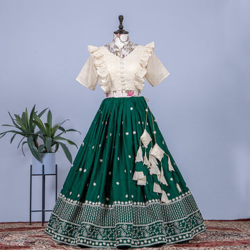 Green and White Embroidery Sequins Work  Lehenga choli
