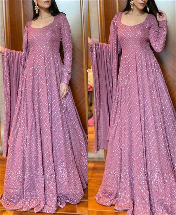 Pink Georgette   Thread Sequence Embroidery Work  Anarkali Flared Long  Gown