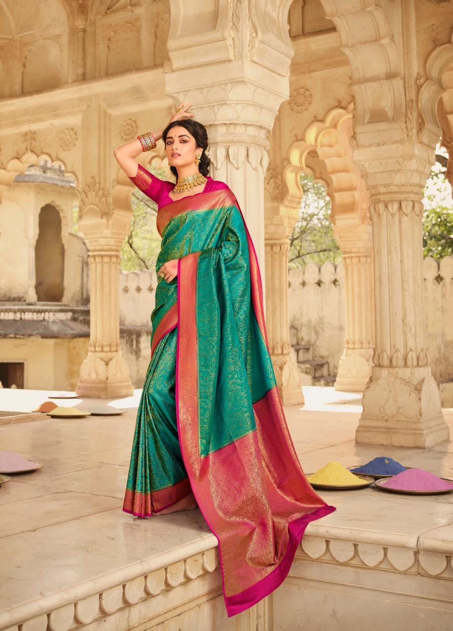 Teal Green Banarasi silk  saree for women
