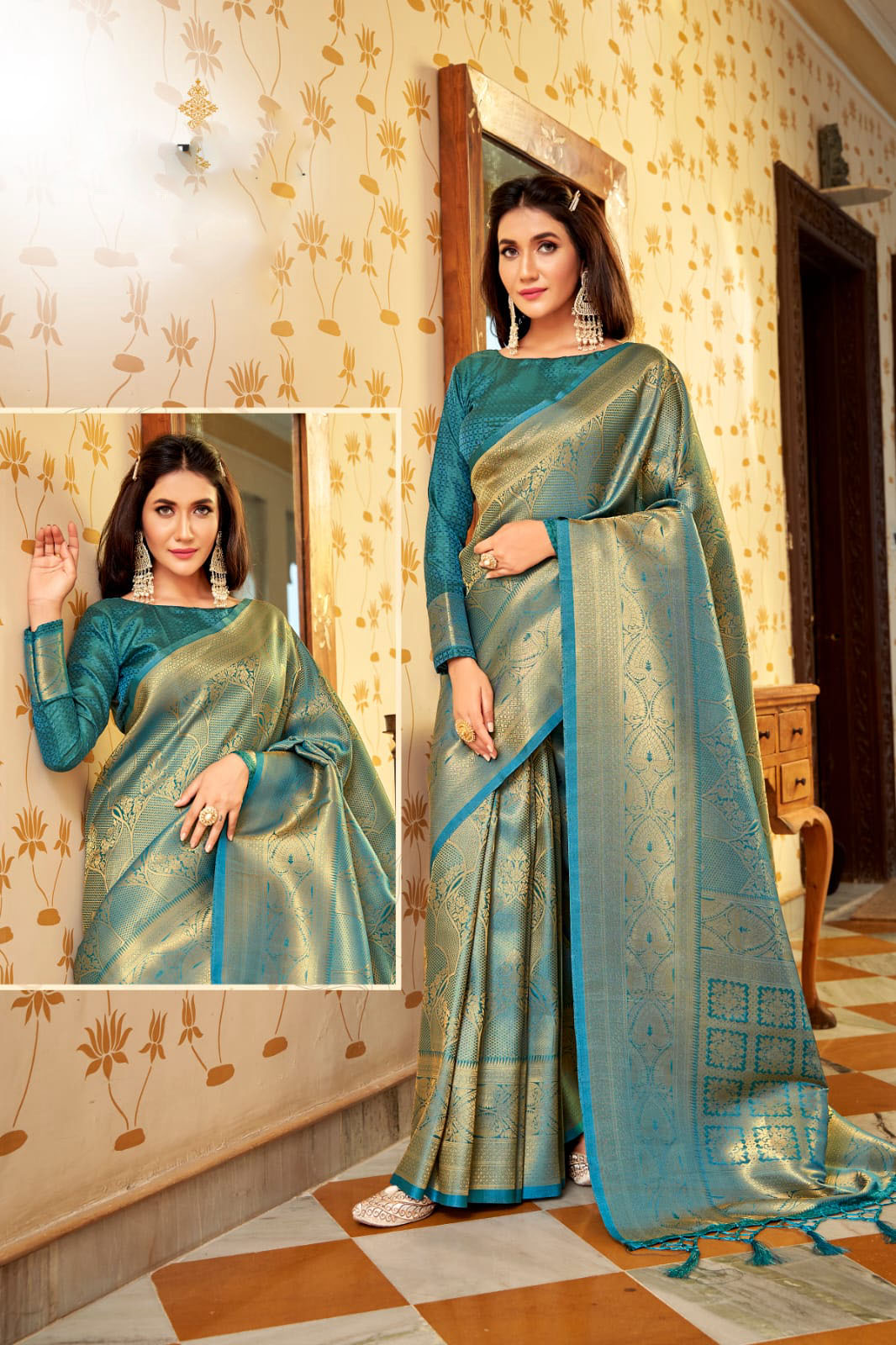 Blue  Handloom Weaving silk  saree for women