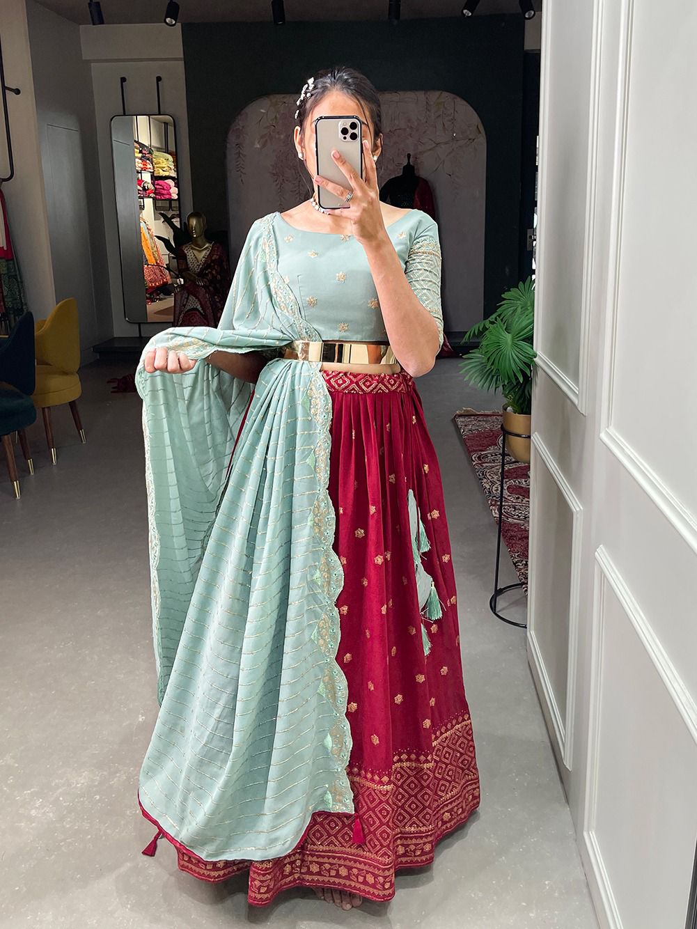 SKy Blue and Red   Sequins ,Thread ,Embroidery Work lehenga choli with Georgette dupatta