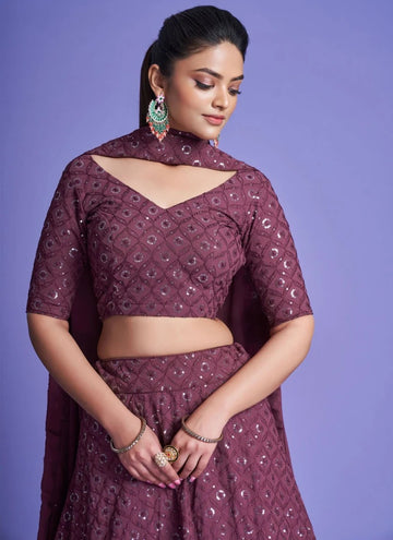 Wine Sequence, Zari,Dori Embroidery Work  lehenga choli with Georgette dupatta