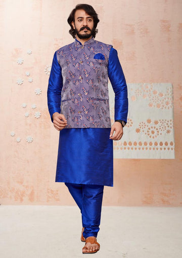 Blue Silk Mens Kurta Pajama Indian Wedding Party Wear Embroidery Kurtas
