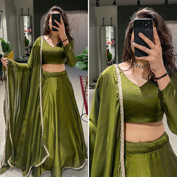 Mehendi   Plain with lace border lehenga choli with Rangoli Silk dupatta