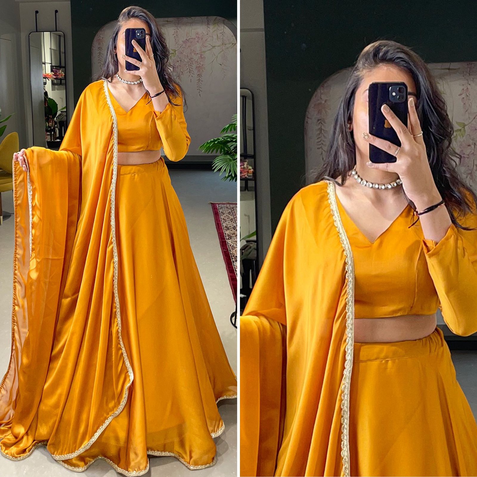 Yellow  Plain with lace border  lehenga choli with Rangoli Silk dupatta