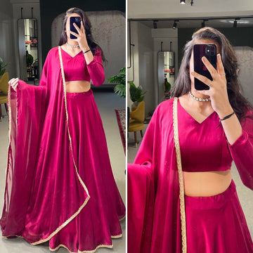 Pink  Plain with lace border  lehenga choli with Rangoli Silk dupatta