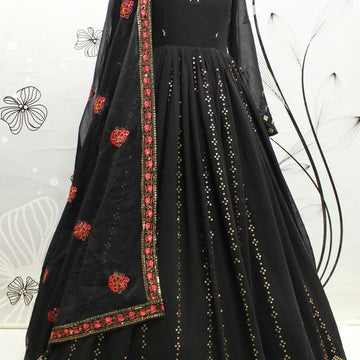 Black Georgette   Embroidery Sequence Work  Anarkali Flared Long  Gown
