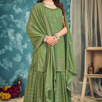green  thread ,Sequence Zari Embroidery Work  Plazzo suit  For Women