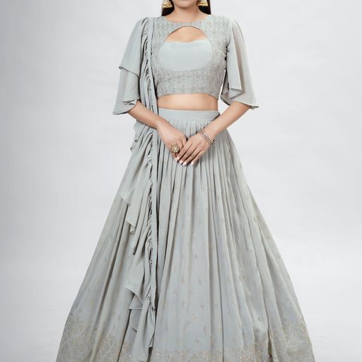 Grey   Mukaish ,Sequence and Thread  Work  lehenga choli with Georgette dupatta