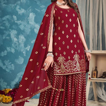 Red  thread ,Sequence Zari Embroidery Work sharara suit For Women