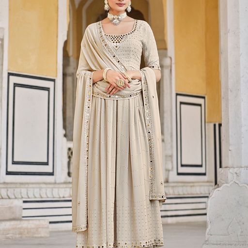 Beige Georgette   Thread Sequence Embroidery Work  Anarkali Flared Long  Gown