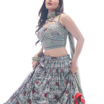 Grey Thread and Mirror  Work  lehenga choli with Chinon Silk dupatta